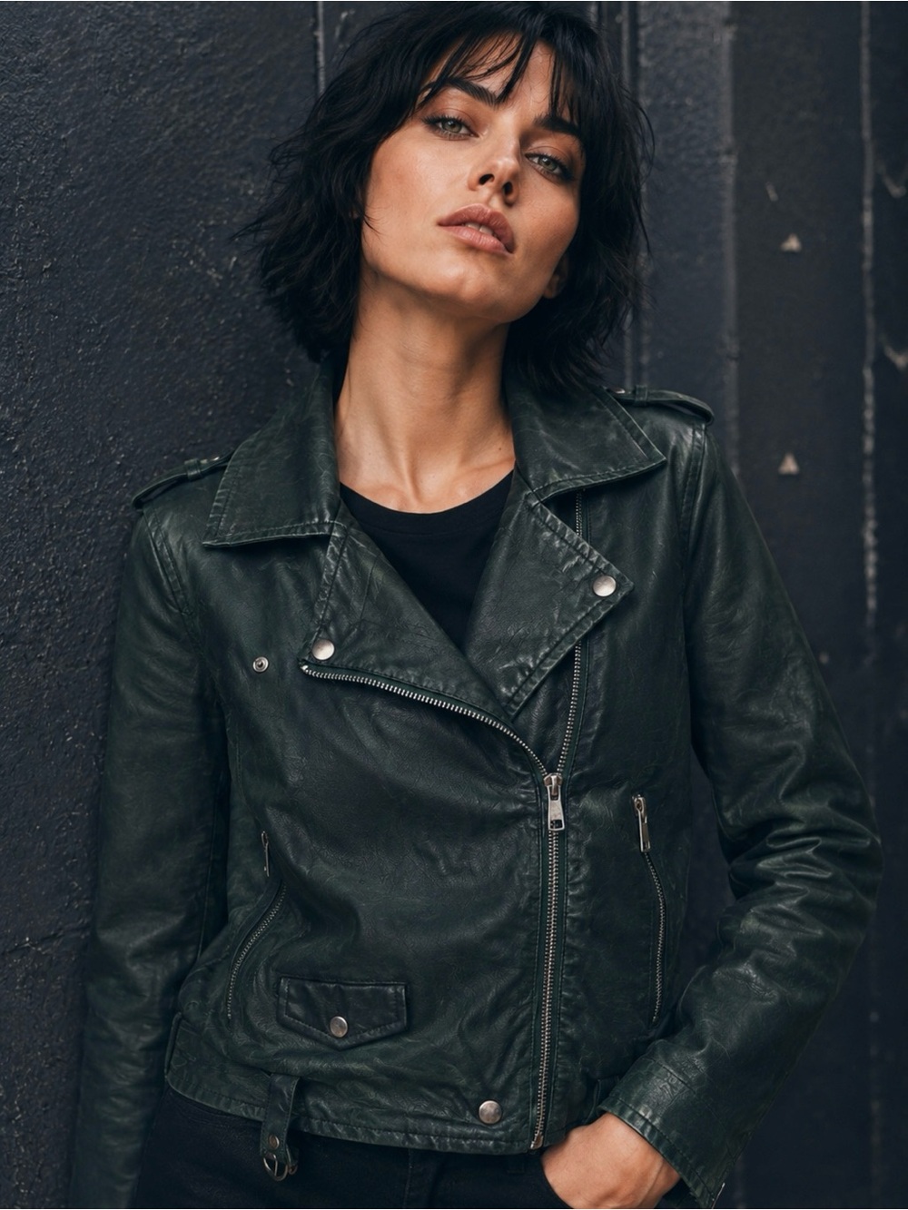 Ci Sono by Cavalini Forest Green Faux Leather Women’s Moto Biker Jacket Size XL